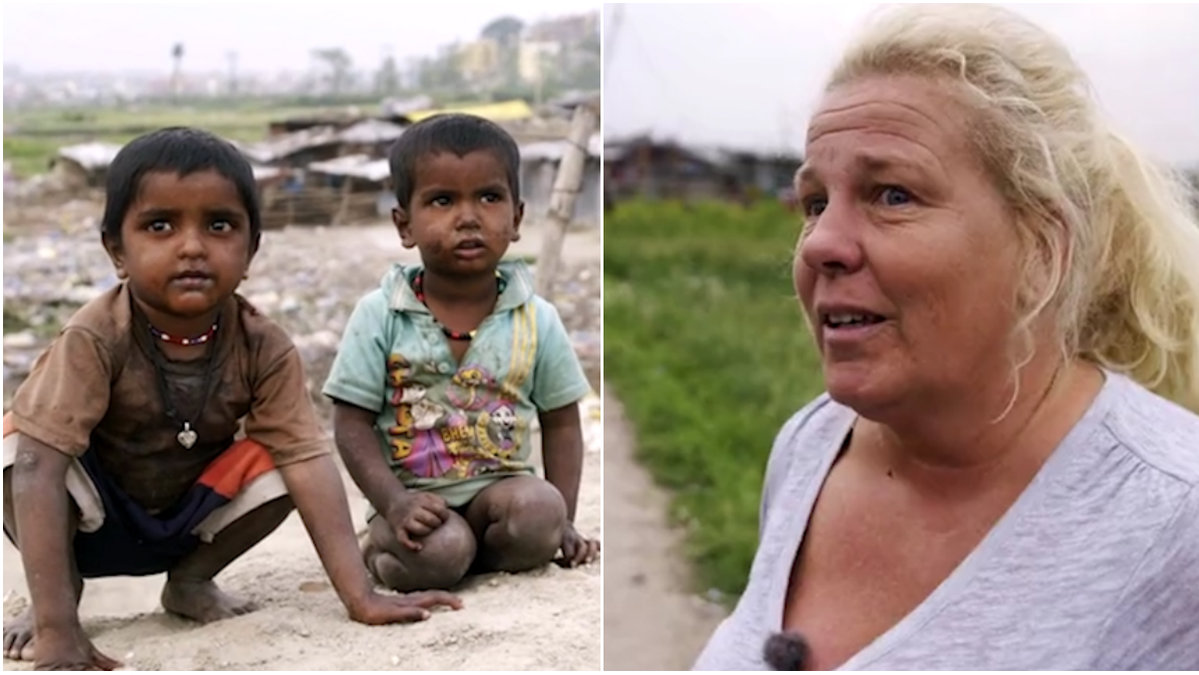 Mia Parnevik och två gatubarn i Nepal