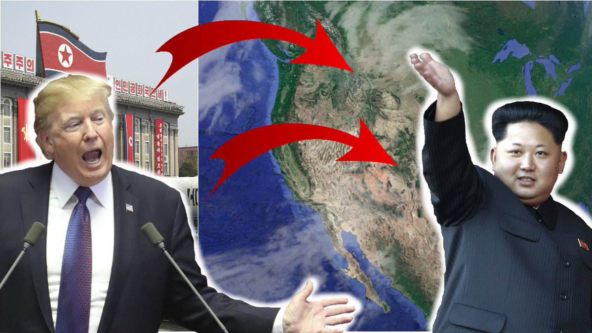 Bild på en karta över USA med röda pilar som får in från väster. Inklippta i bilden USA:s president Donald Trump och Nordkoreas ledare Kim Jong Un. 