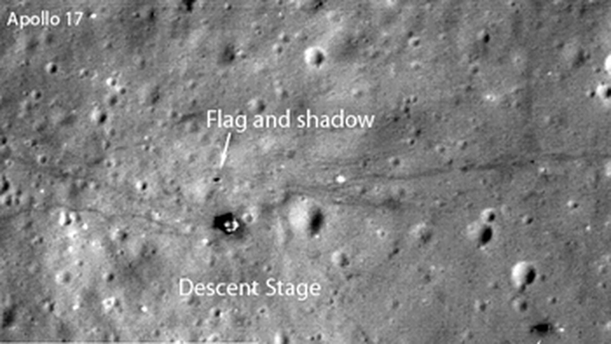 Bildbevis på att amerikanska flaggan fortfarande står kvar på månen.