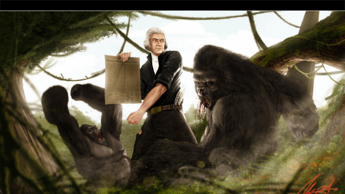 Thomas Jefferson försöker tvinga på en gorilla den amerikanska konstitutionen.