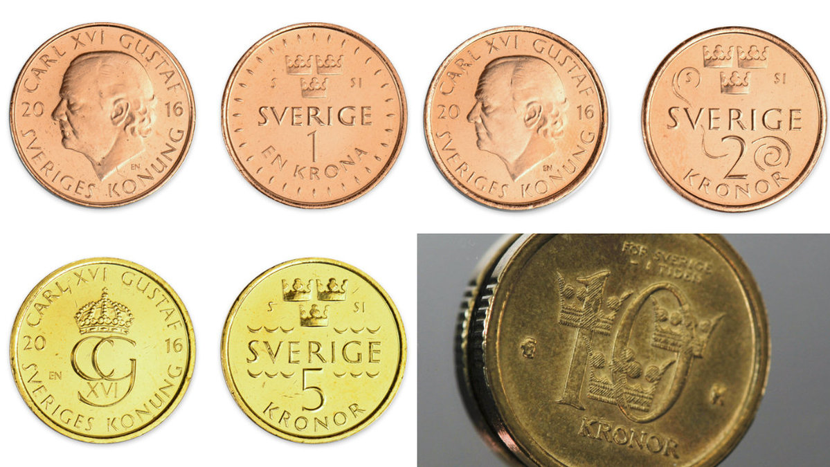 De nya mynten som introduceras i oktober 2016 – samt tiokronorsmyntet som blir kvar. De gamla blir ogiltiga den 30 juni 2017.