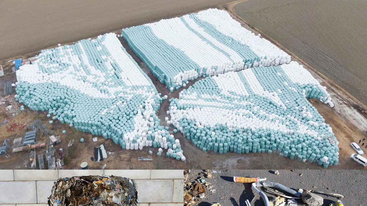 Övre bilden: mängden av sopbalar på en av de 21 dumpningsplatserna. Nedre bild t v: en enskild bal öppnad av polisen. Nedre bild t h: delar av innehållet i en bal.