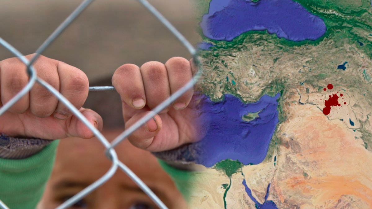 Ett barn håller i ett stängsel. Till höger en karta över Syrien. Kollage. 