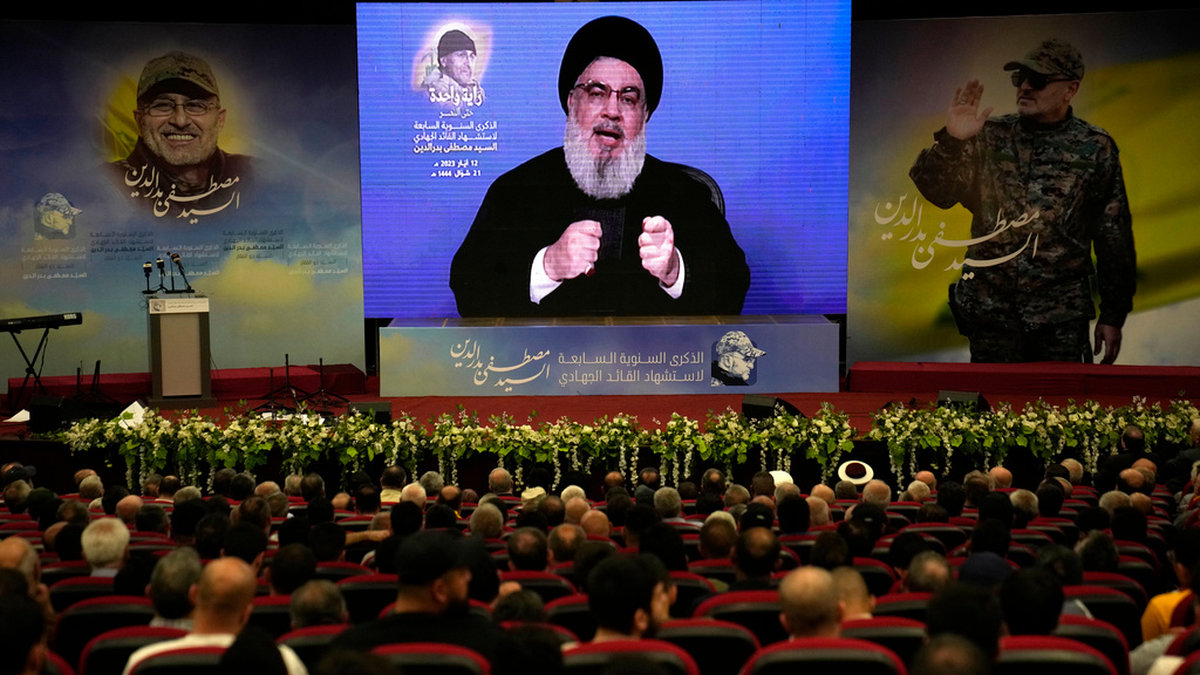 Hizbollahledaren Hassan Nasrallah, fotograferad i maj då han höll ett tal via videolänk i maj. Arkivbild.