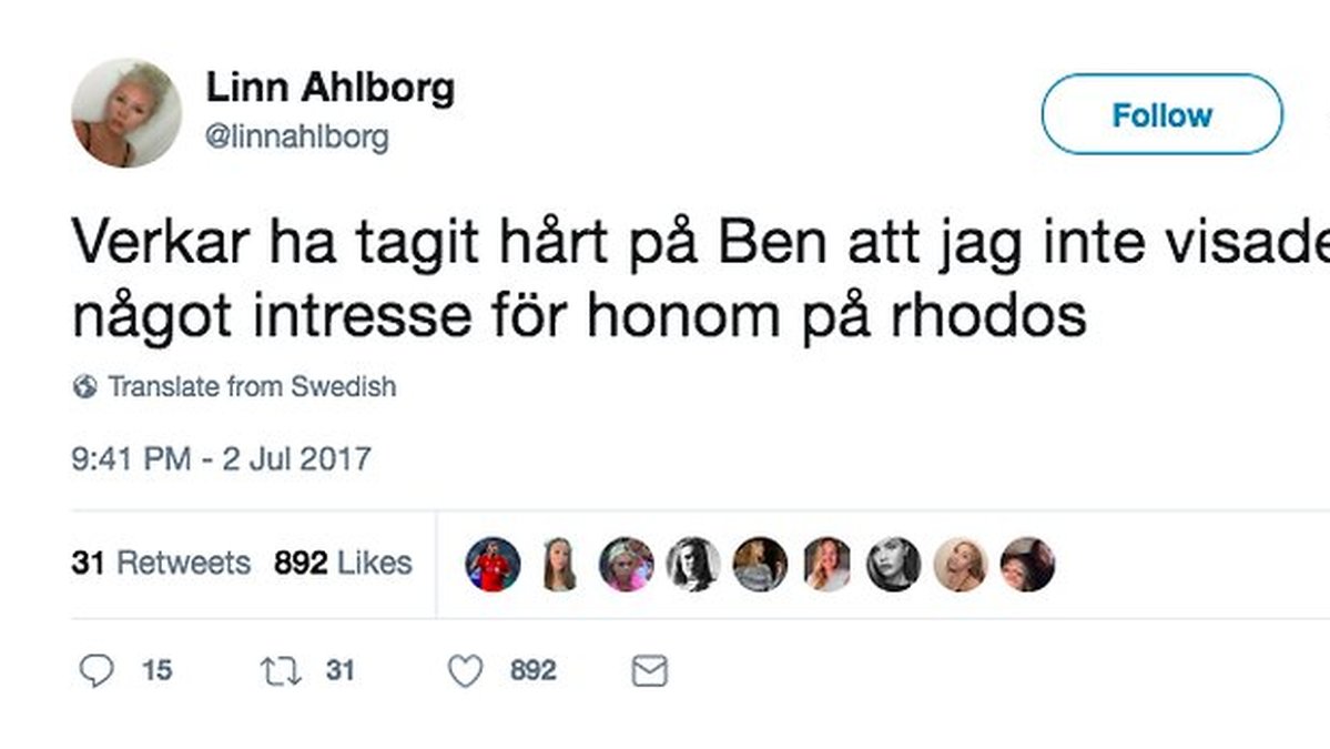 Linn Ahlborg Tweet om Ben Mitkus.