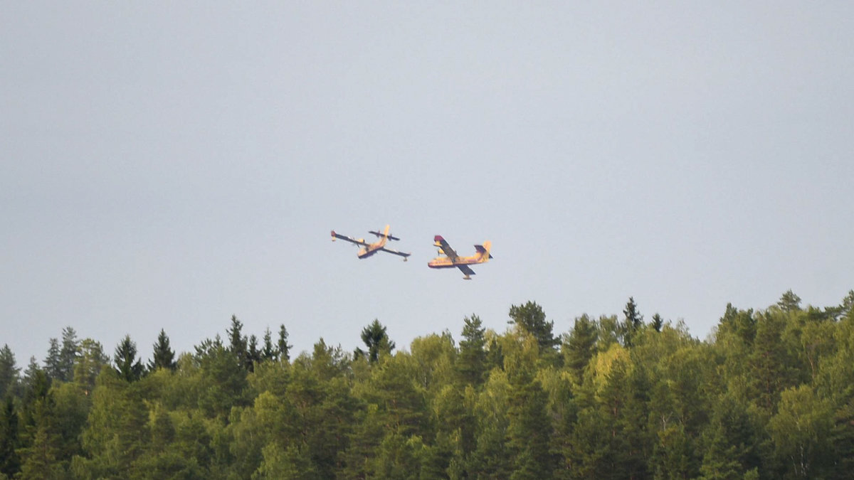 Två av vattenbombningplanen flyger över sjön Åmänningen i skogsbrandsområdet nära Karbenning i Västmanland.