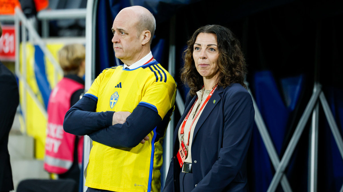 Svenska fotbollförbundets ordförande Fredrik Reinfeldt och generalsekreterare Andrea Möllerberg. Arkivbild.