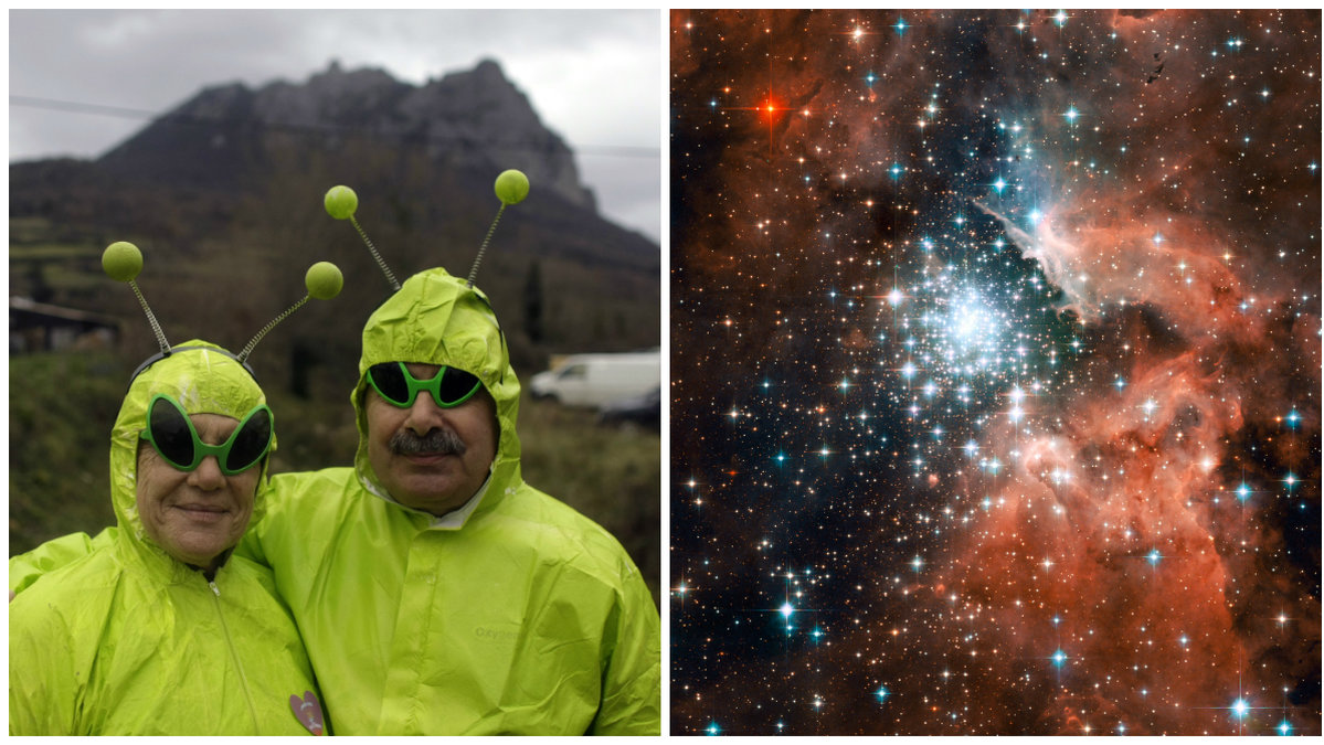 OBS! Bilden till vänster föreställer inte ett par riktiga utomjordingar. Bilden till höger är dock en riktig nebulosa. 