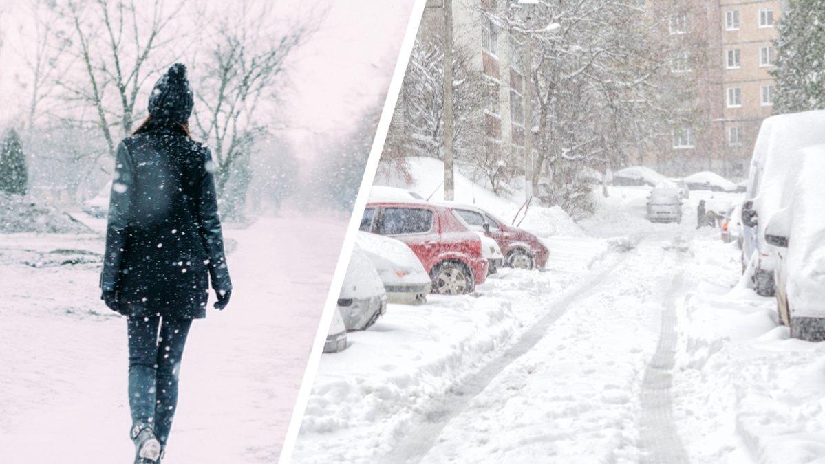 Kvinna går i snö. Insnöade bilar
