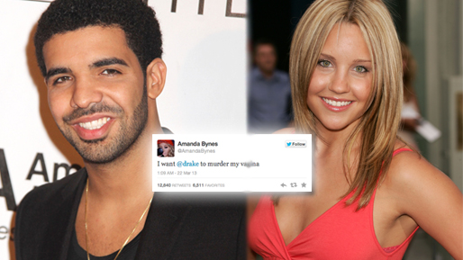 Amanda Bynes twittrade först att hon ville att Drake skulle "mörda hennes vagina". Men efter att Bynes inte nappade på erbjudandet så började Bynes skriva att Drake var ful. Amanda Bynes twittrade först att hon ville att Drake skulle "mörda hennes vagina". Men efter att Bynes inte nappade på erbjudandet så började Bynes skriva att Drake var ful.