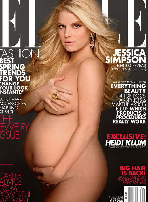 Jessica Simpson helt naken och höggravid på omslaget till tidningen Elle. Jessica Simpson helt naken och höggravid på omslaget till tidningen Elle.