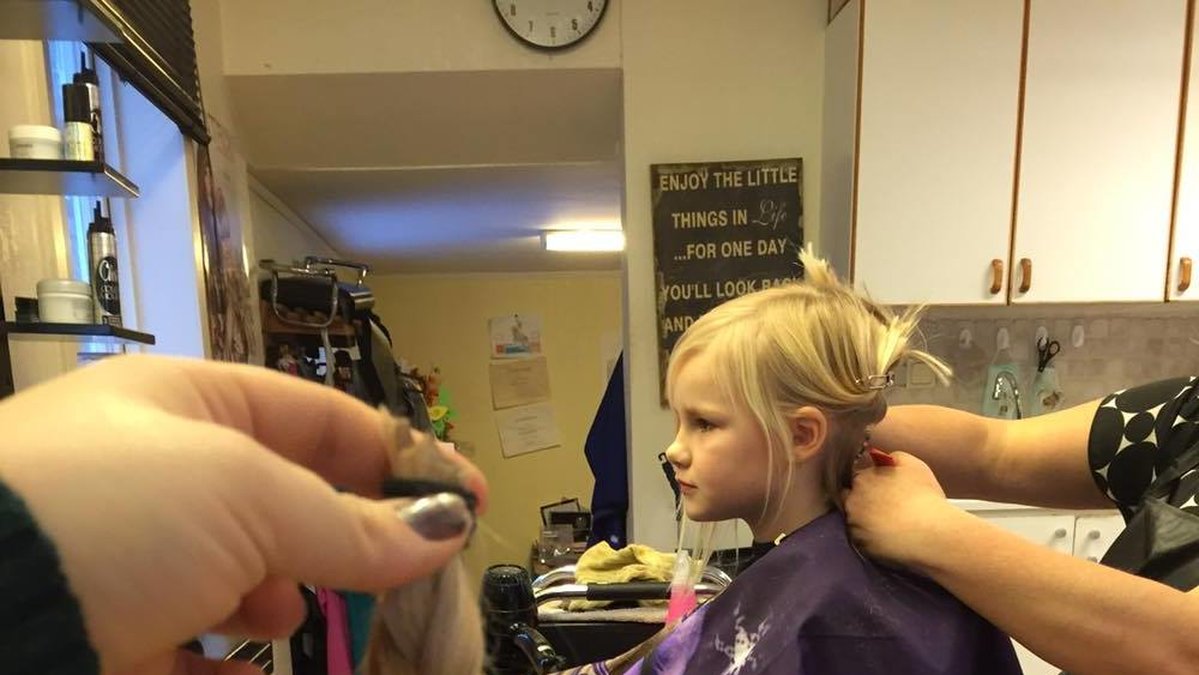 Här klipper Tindra av sitt hår. 