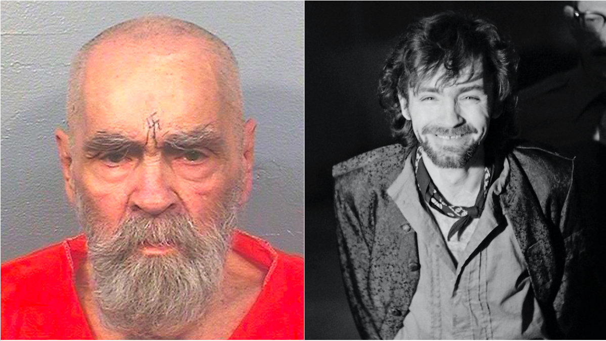 Två bilder på Charles Manson. Till vänster en gammal Manson med rakad skalle och vitt skägg. Till höger en ung skrattande Manson med brunt hår. 