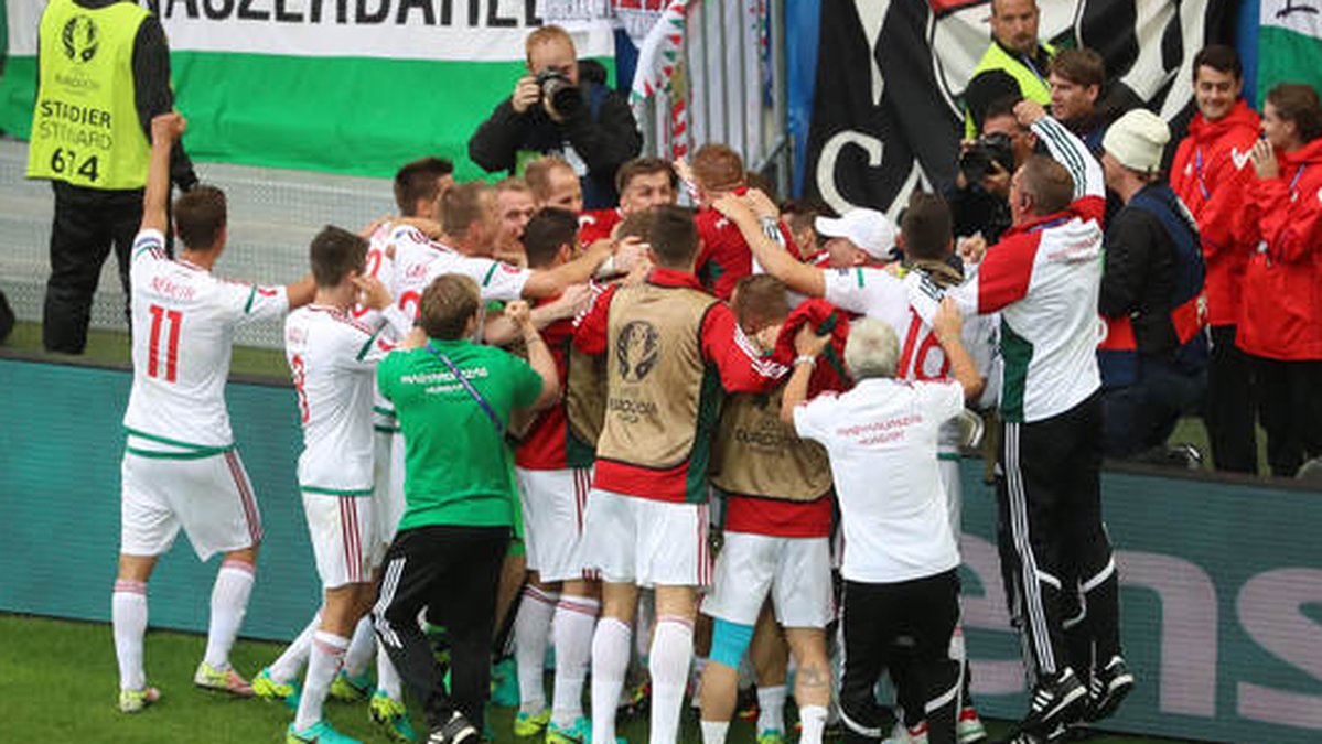 Ungerska spelare firar under segermatchen mot Österrike.