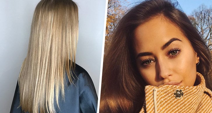 Till vänster är en bild på Kenza Zouiten Subosics blonda frisyr och till bilden på höger sida så ser man Kenza i hennes bruna hår.