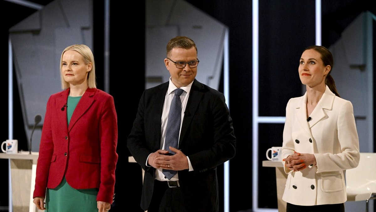 Sannfinländarnas partiledare Riikka Purra, Samlingspartiets partiledare Petteri Orpo och Socialdemokraternas partiledare Sanna Marin. Arkivbild.