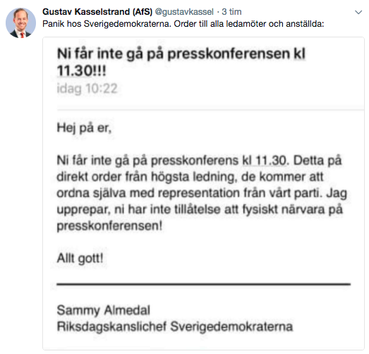 Gustav Kasselstrand twittrar för att smutskasta SD