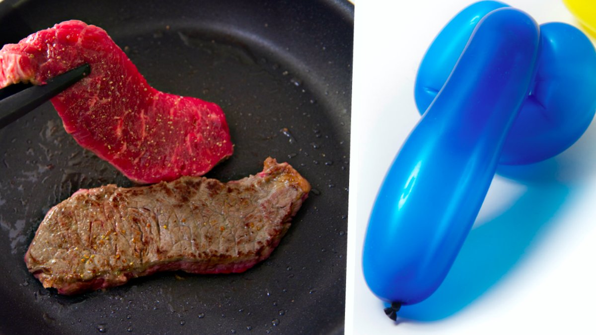 Kött stekt i en panna. Till höger en ballongpenis. Kollage