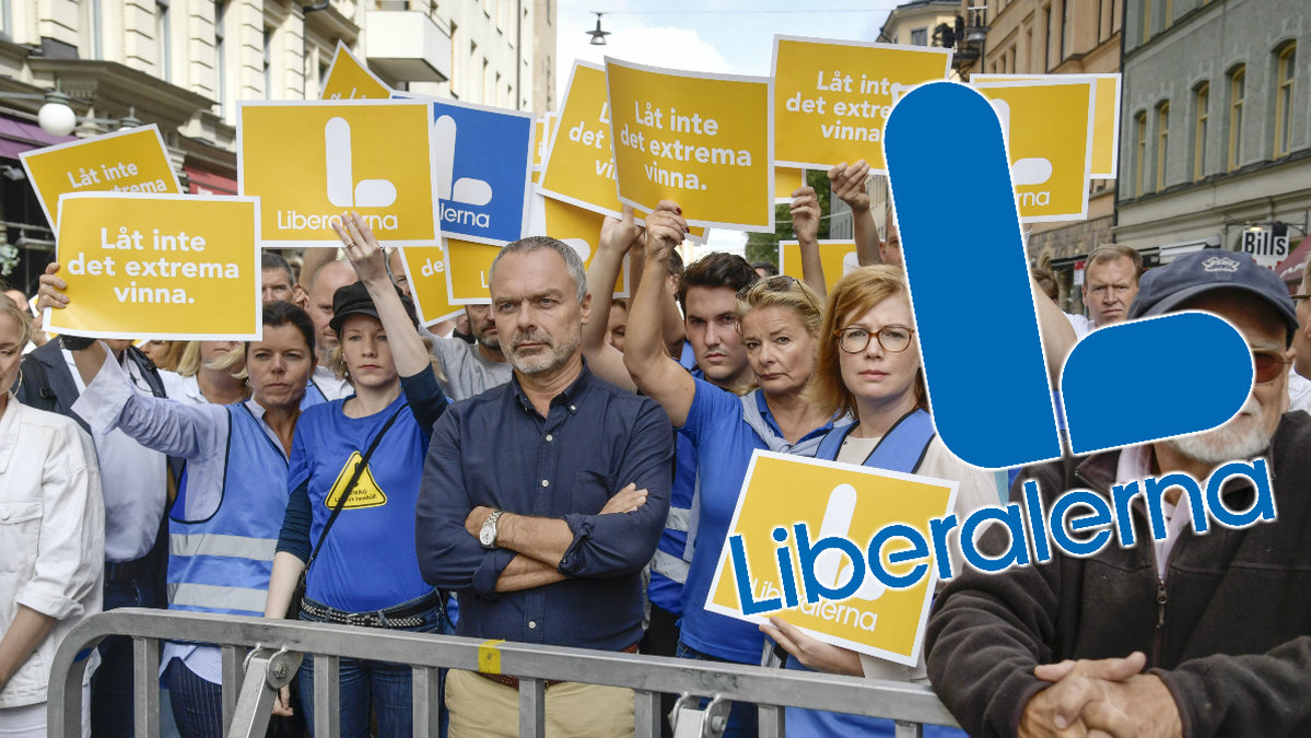 Liberalerna demonstrerar mot NMR. Liberalernas logga.