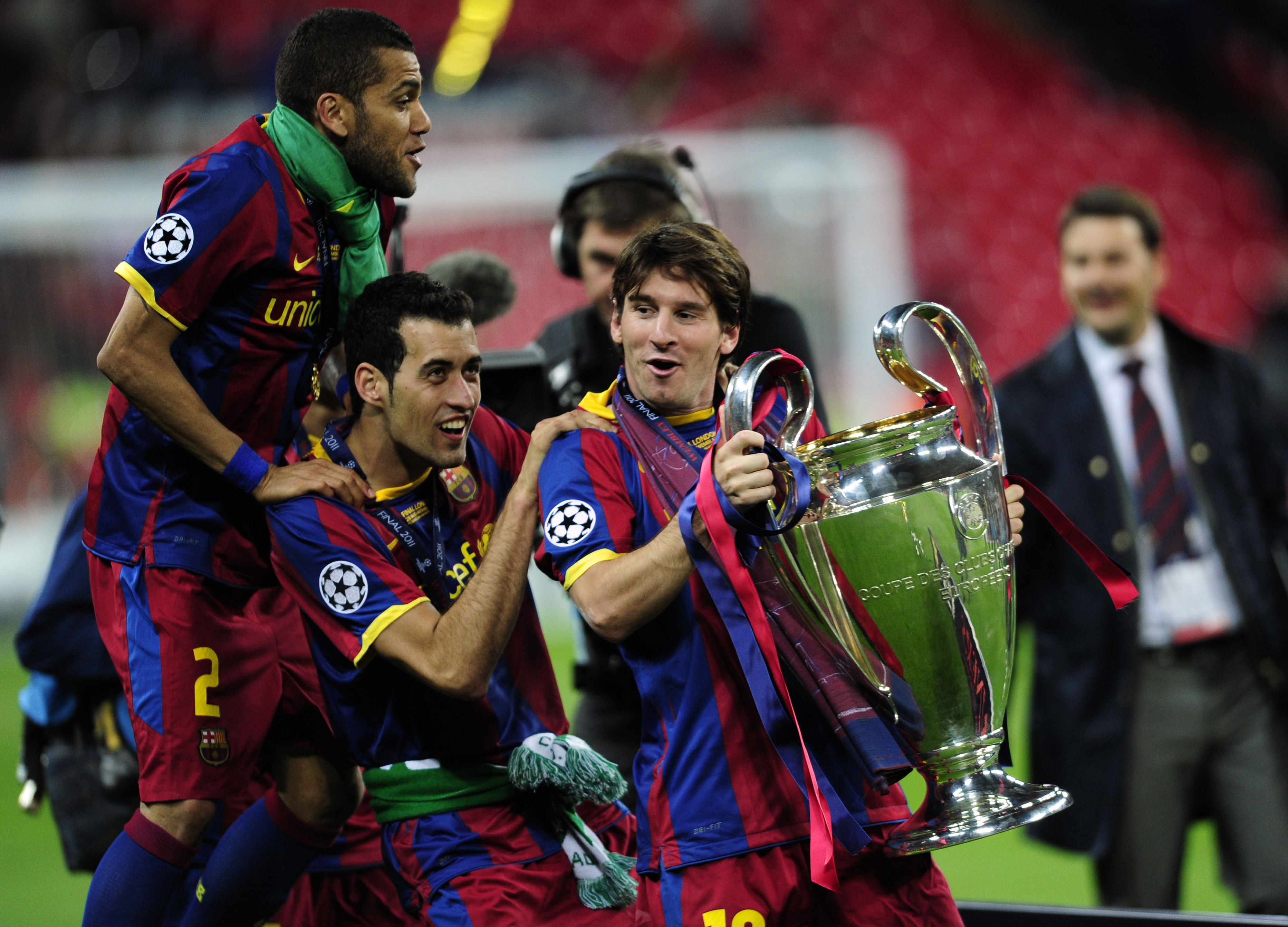 Dani Alves, Sergio Busquets och Leo Messi.