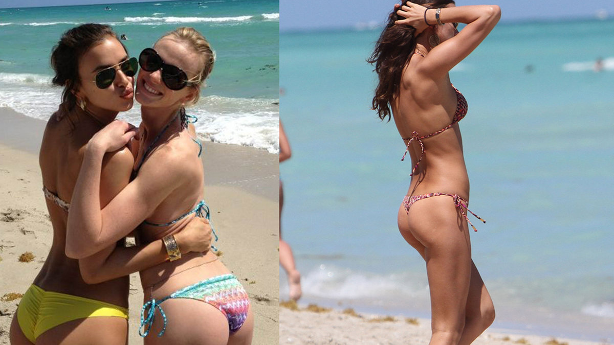 Modellen Irina Shayk i bikini på stranden.