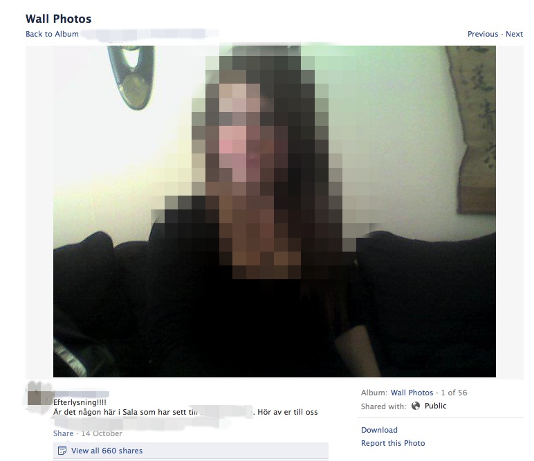 Bilden på den försvunna flickan spreds med snabb hastighet i sociala medier.