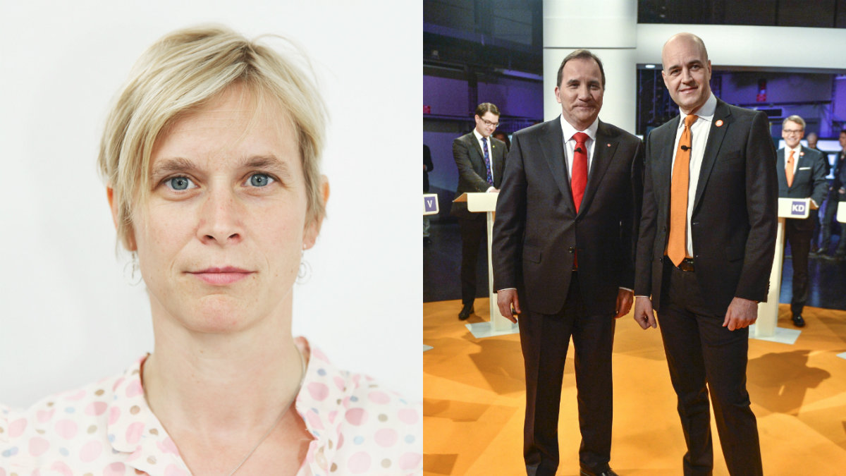Amanda Mogensen, FI, och partiledarna i Svt:s partiledardebatt från i våras