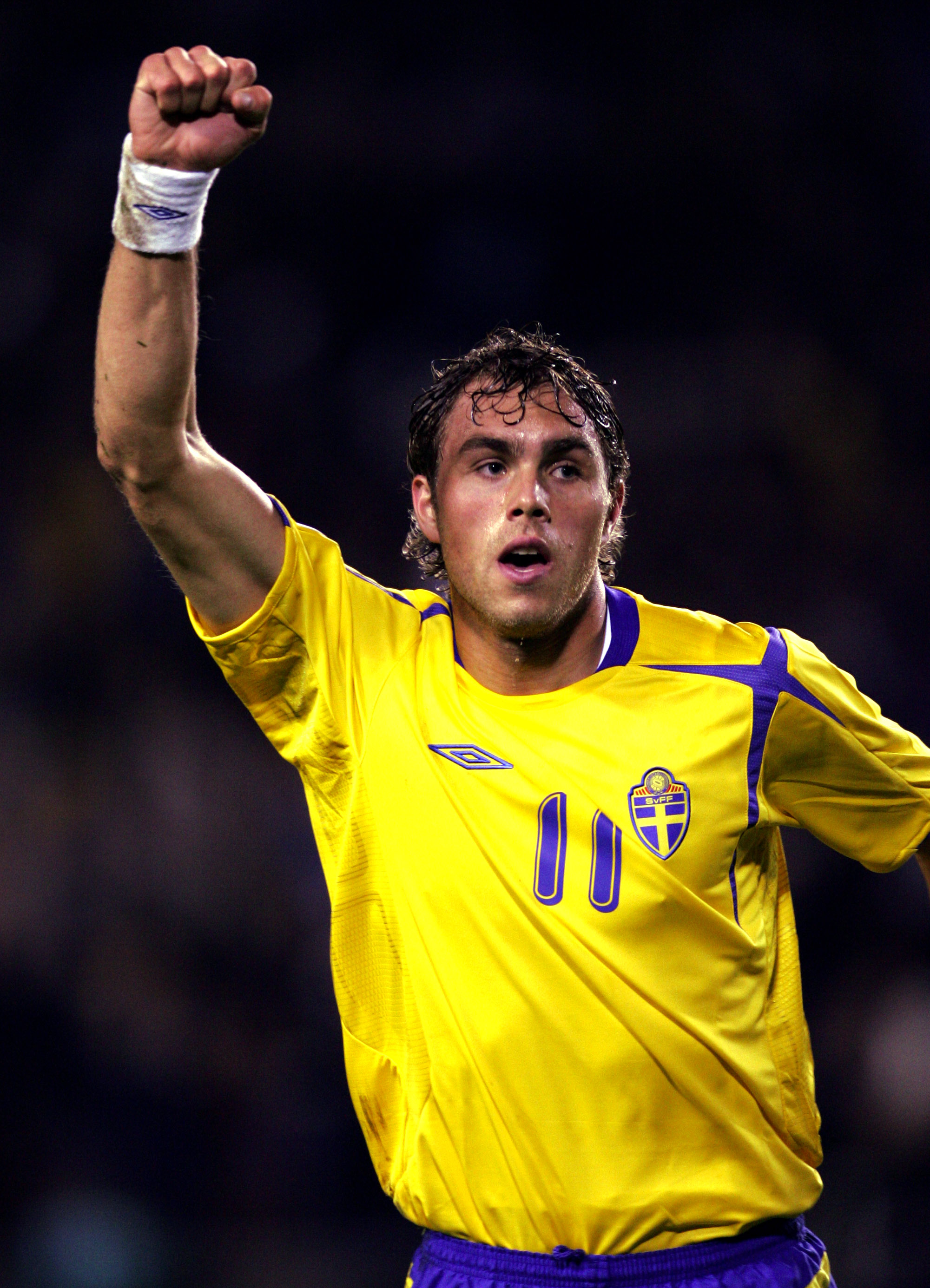 2006: Johan Elmander jublar efter 1-0 i EM-kvalmatchen mellan Sverige och Spanien som Sverige vann med 2-0. 2006: Johan Elmander jublar efter 1-0 i EM-kvalmatchen mellan Sverige och Spanien som Sverige vann med 2-0.