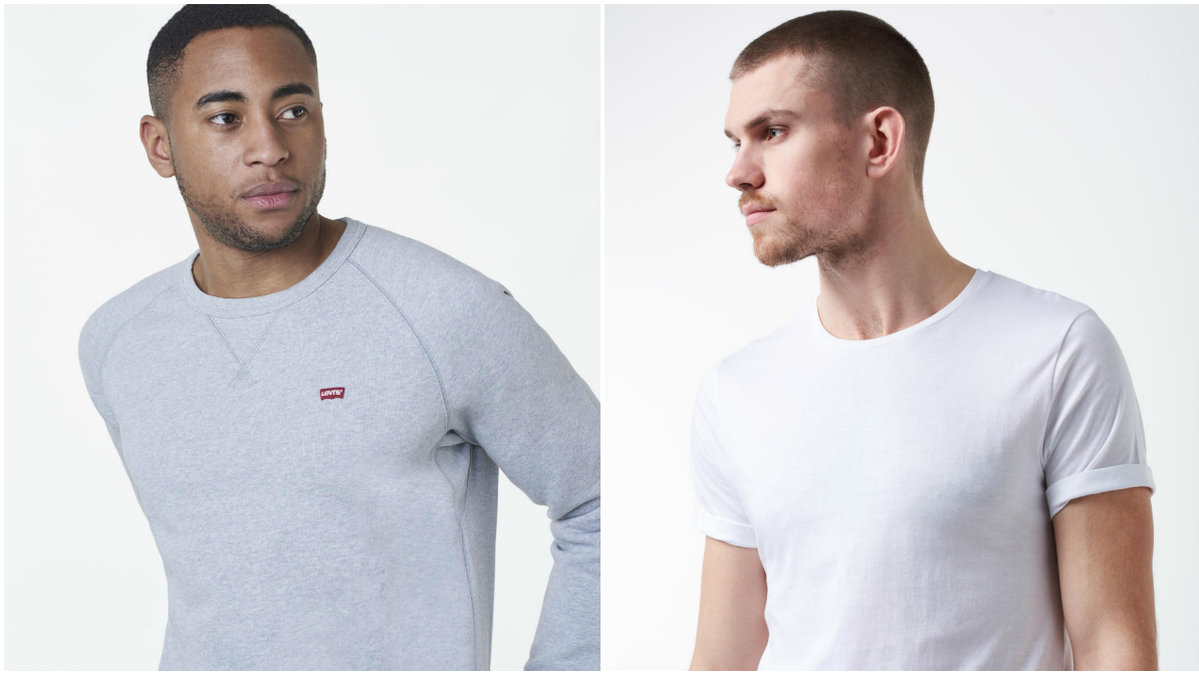 Collage med manliga modeller med en grå tröja från Levis och en vit t-shirt.