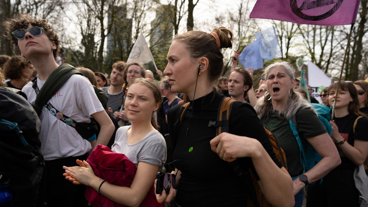 Greta Thunberg på demonstration i Haag innan hon greps.