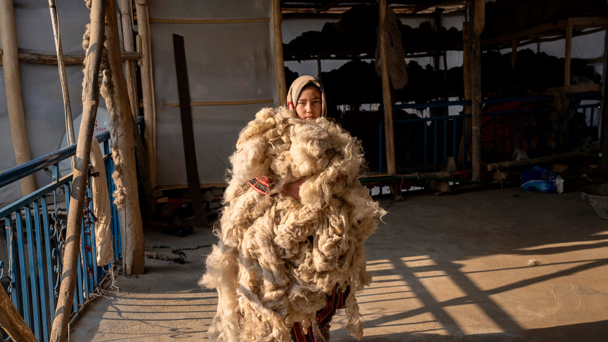 En flicka som arbetar med tillverkning av mattor i Kabul. Många flickor och kvinnor kan inte längre utbilda sig i landet.