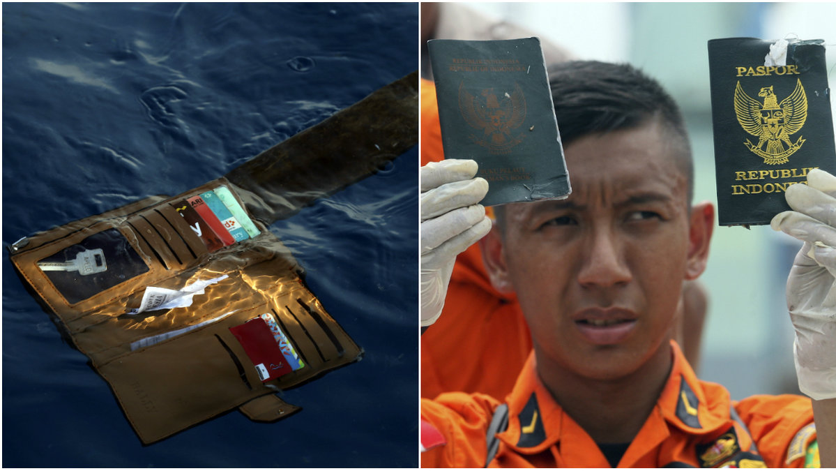 En plånbok som flyter runt i vattnet, en räddningsarbetare visar upp två pass.