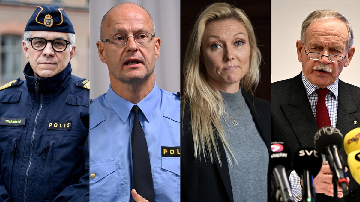 Huvudpersonerna: Rikspolischef Anders Thornberg, före detta regionpolischef Mats Löfving, Linda Staaf, Noa, och polisens externa utredare Runar Viksten.
