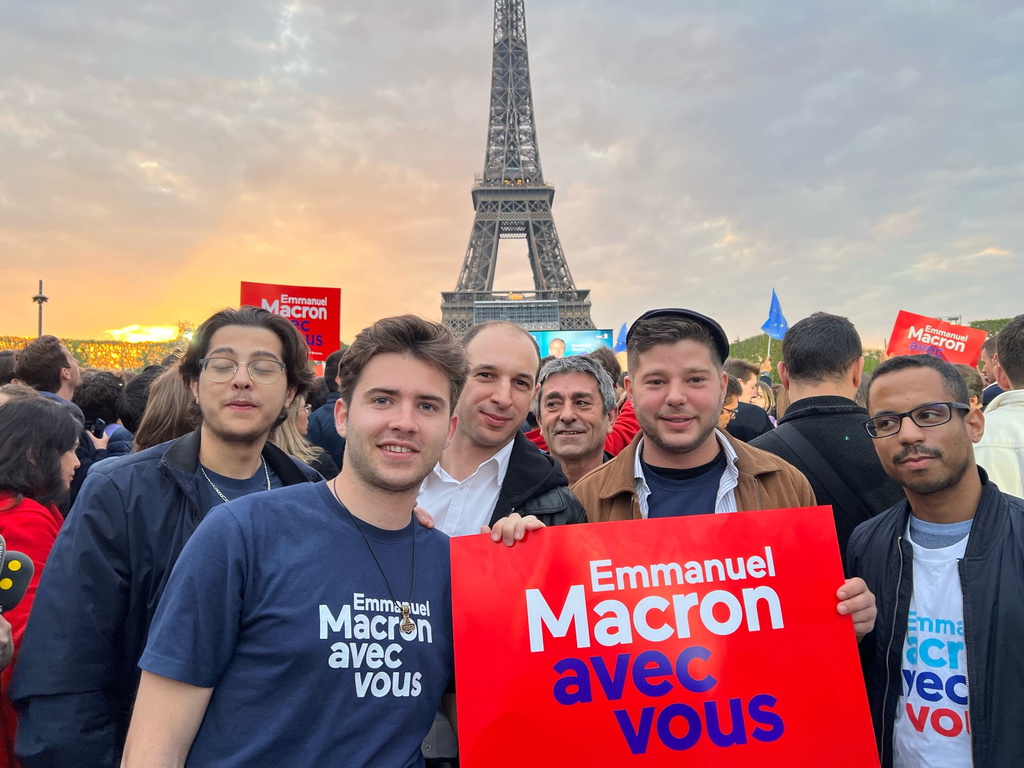 Young people for Macron.  Florian Galmiche is next to the far right in the picture.  He has met his friends through politics.