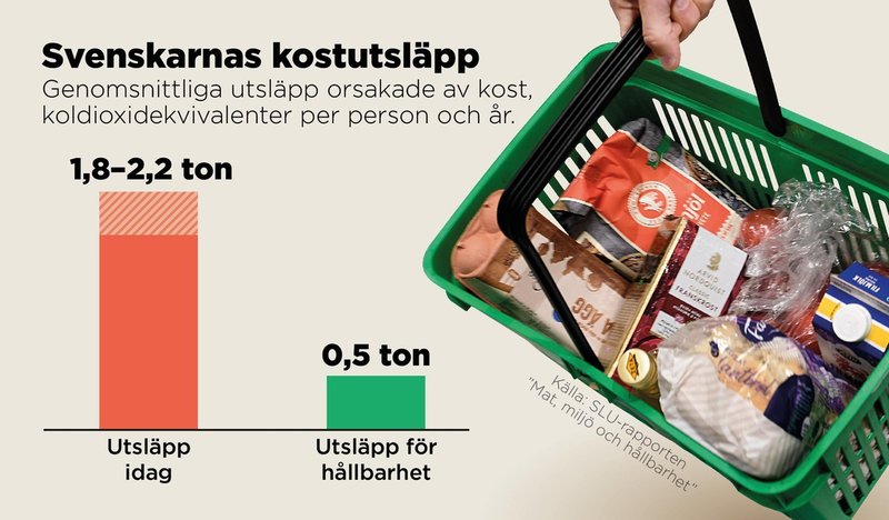 Svenskarnas genomsnittliga utsläpp orsakade av kost, koldioxidekvivalenter per person och år.