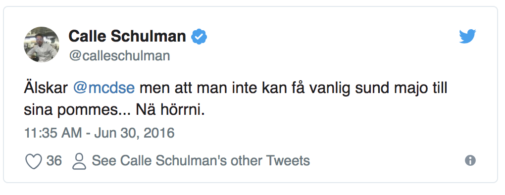 Calle Schulman undrar varför man inte kan få majonnäs på McDonald's Calle Schulman undrar varför man inte kan få majonnäs på McDonald's