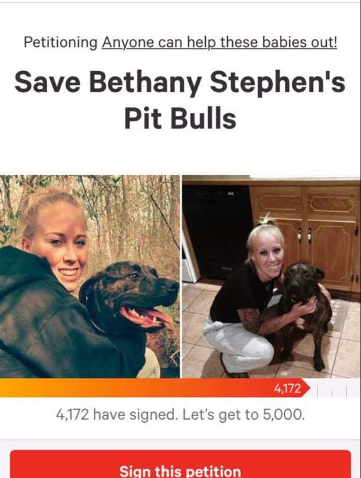 En insamling mot att hundarna i Bethany Stephens fall ska avlivas. En insamling mot att hundarna i Bethany Stephens fall ska avlivas.