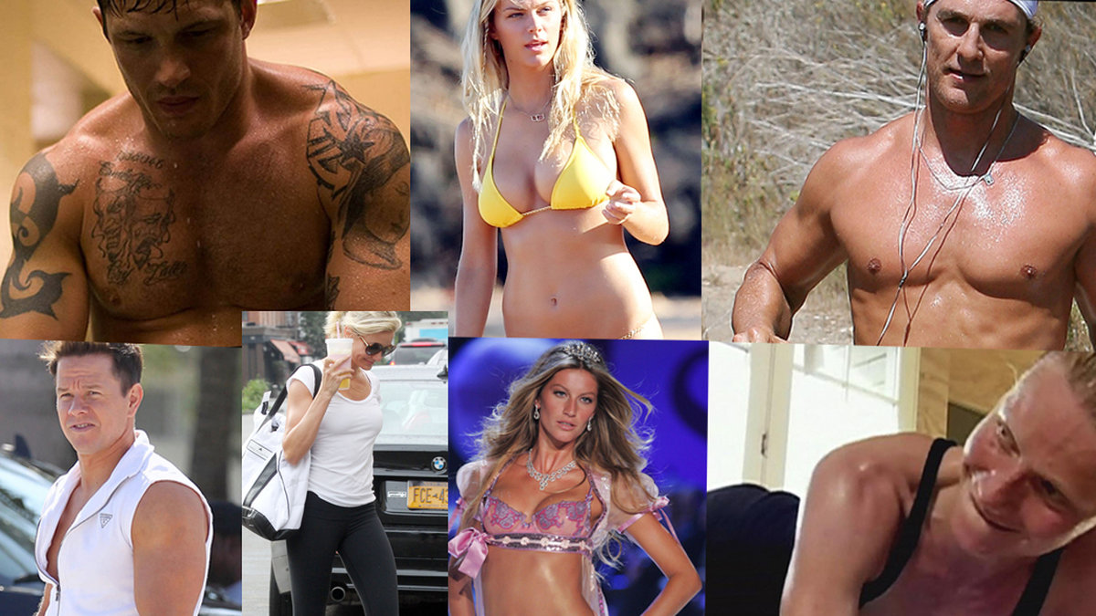 Tom Hardy, Brooklyn Decker, Mark Wahlberg, Gisele Bundchen och Gwyneth Paltrow är några av stjärnorna som inte kan få nog av svettiga timmar på gymmet. Bilden är ett montage. 