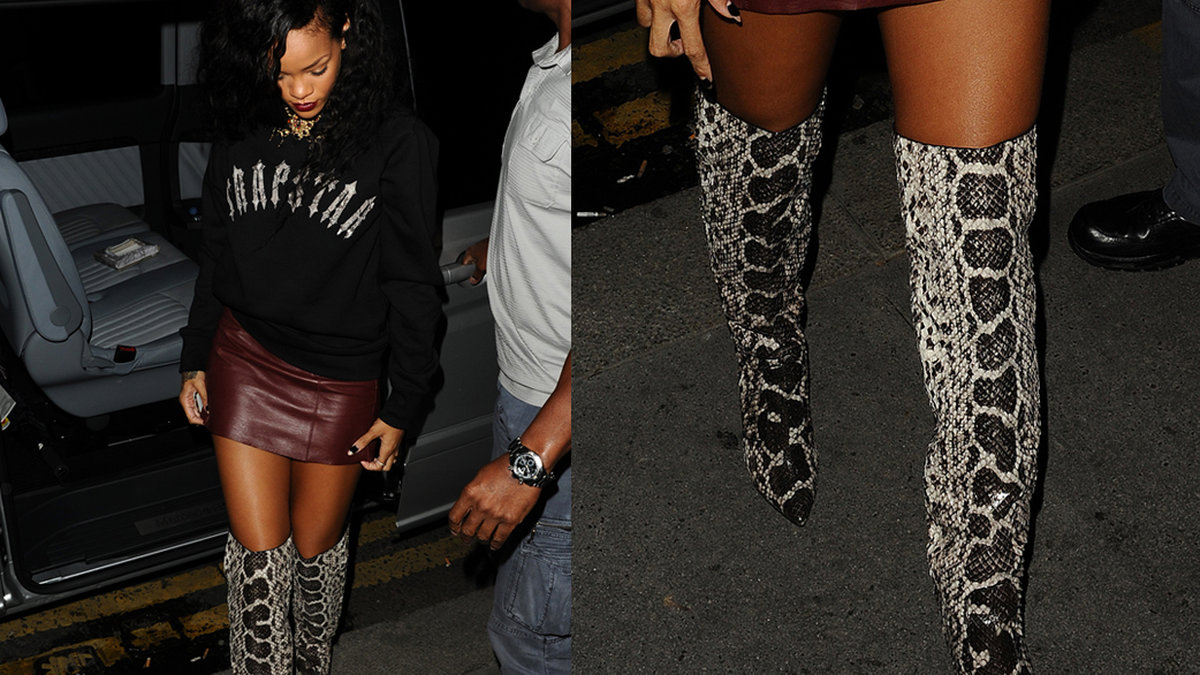 Rihanna i löjlig skinnkjol och stövlar direkt hämtade från Crocodile Dundee.