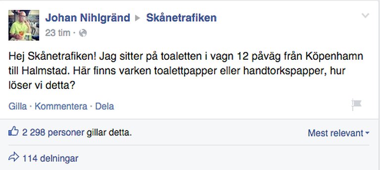 Skrev Facebook-status när det var slut på toalettpapper på tåget Skrev Facebook-status när det var slut på toalettpapper på tåget