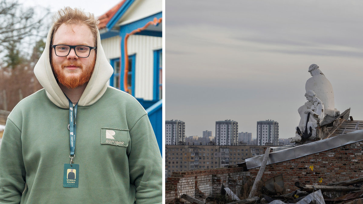 Filmfotografen Mykola Kulina reser runt i Ukraina och spelar in material för olika hjälporganisationer. Till höger i montaget: En överblick av krigsdrabbade Charkiv.