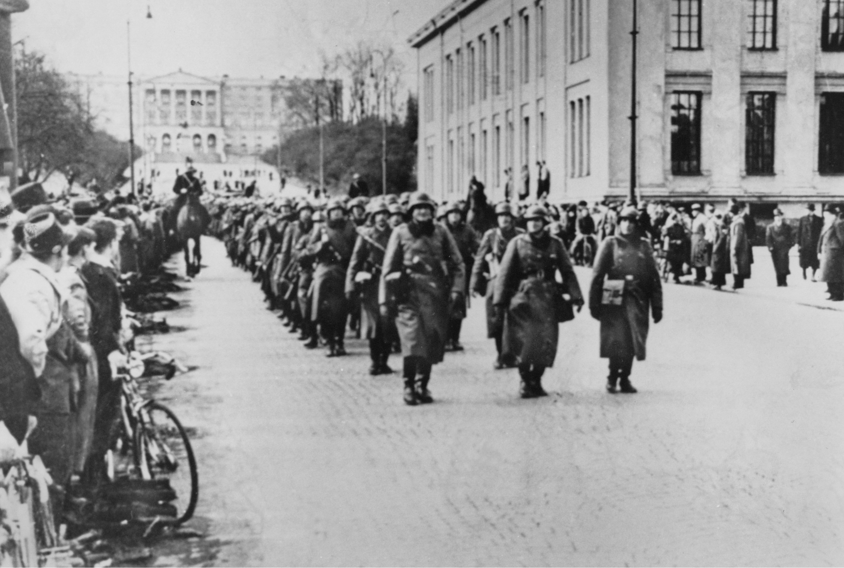Tyska trupper marscherar i Oslo, 1940.