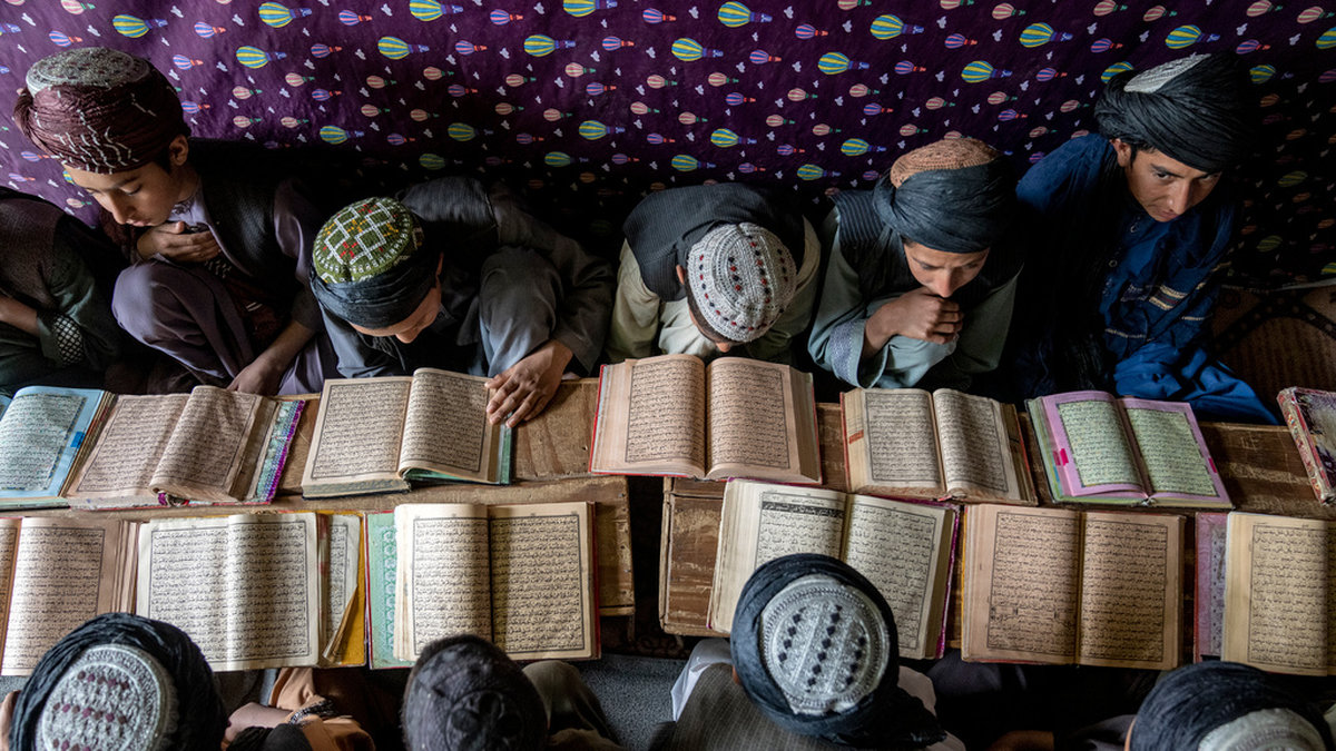 Koranstudier vid en religiös skola i Afghanistan 2023. Pojkarna på bilden har inget med texten att göra.