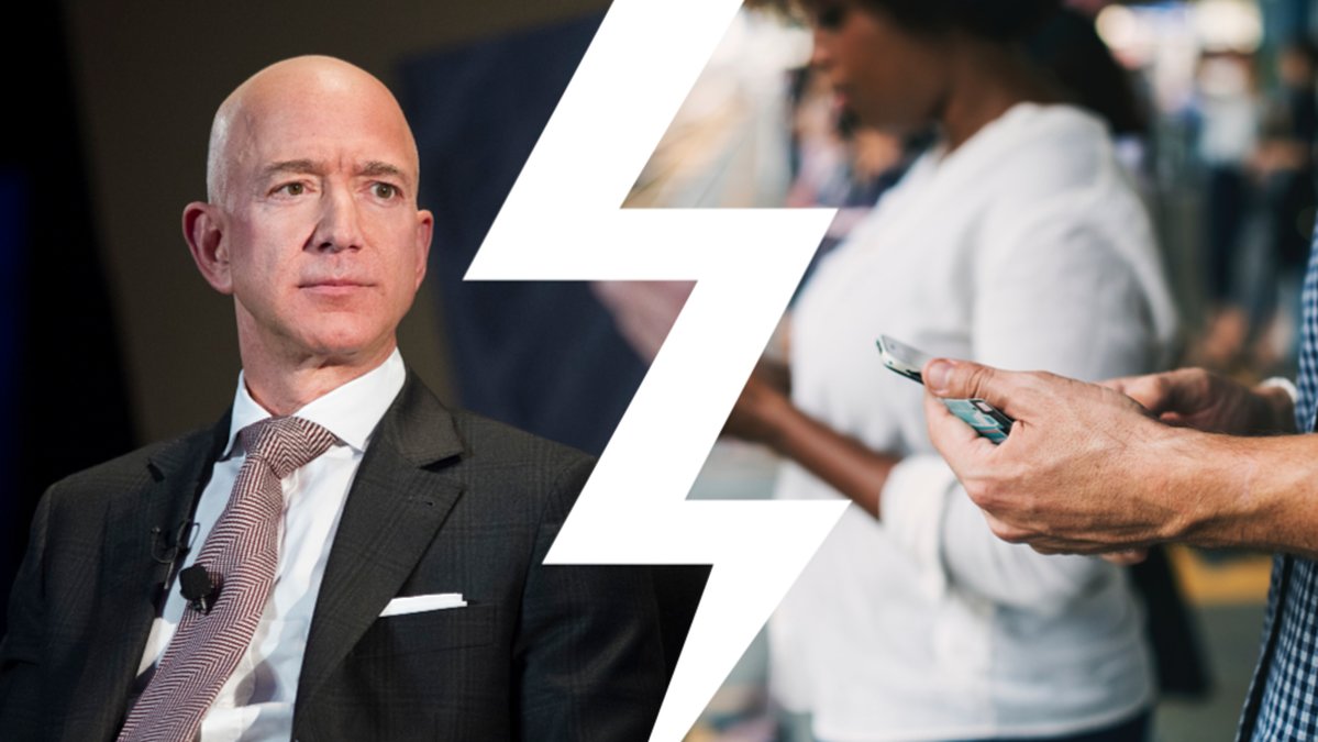Jeff Bezos och två personer som håller i smartphones.