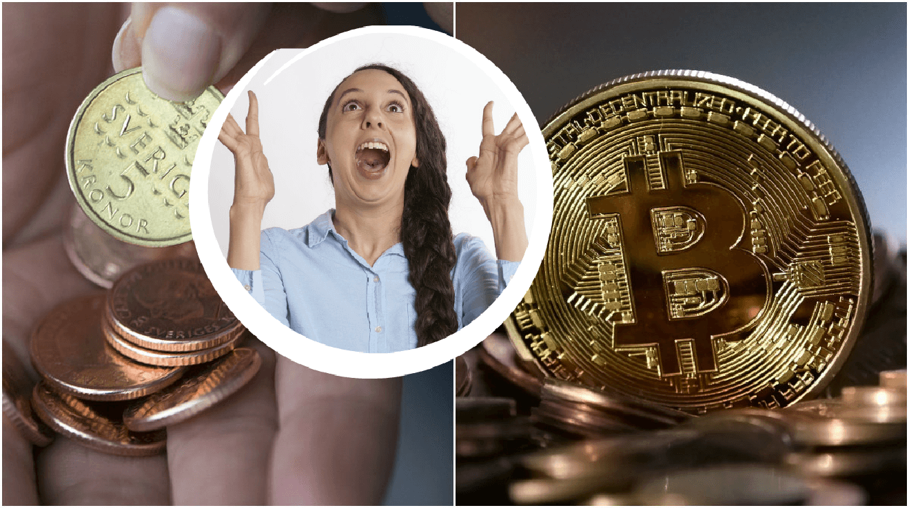 Bilder på svenska mynt, bitcoinmynt och en exalterad kvinna.