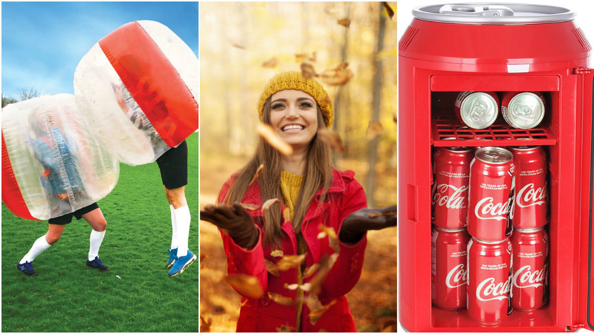 Personer som spelar boll, glad tjej med löv, Coca-cola kyl