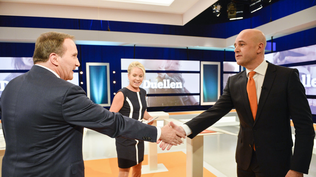 Löfven och Fredrik Reinfeldt efter duellen i Agenda.