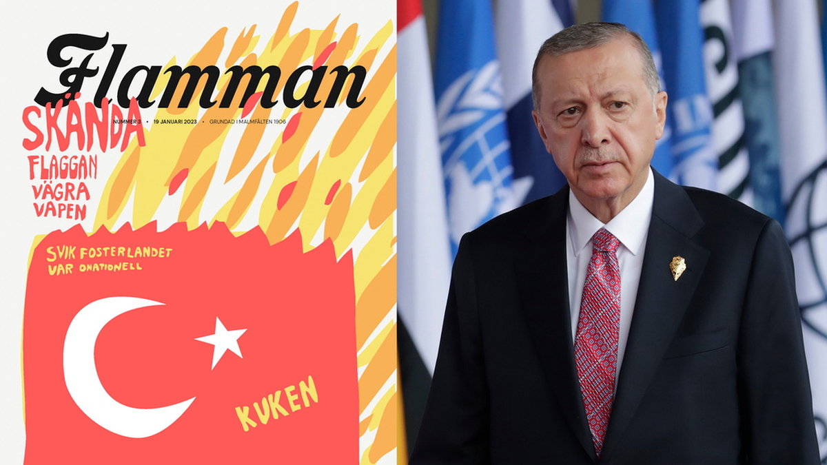 Med inspiration av av Carl Johan De Geers klassiska satir 'Skända flaggan' arrangerade Flamman sin teckningstävling med den turkiska presidenten som motiv. Arkivbild.