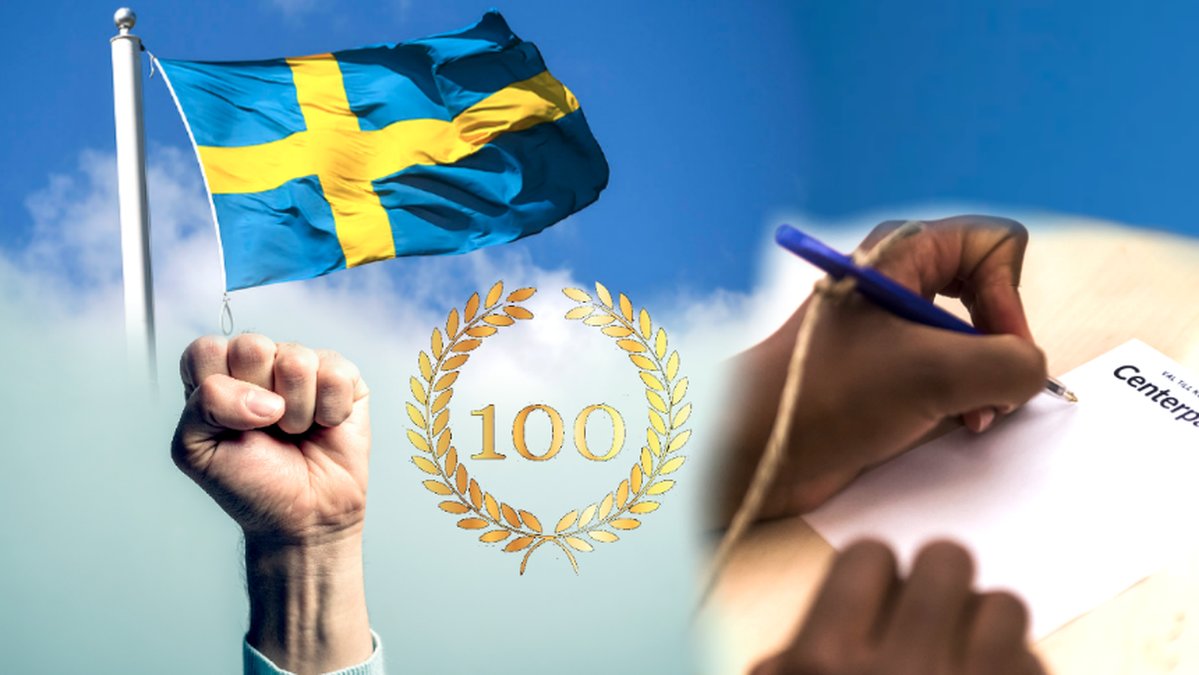 En knytnäve, 100, rösta, svenska flaggan. 