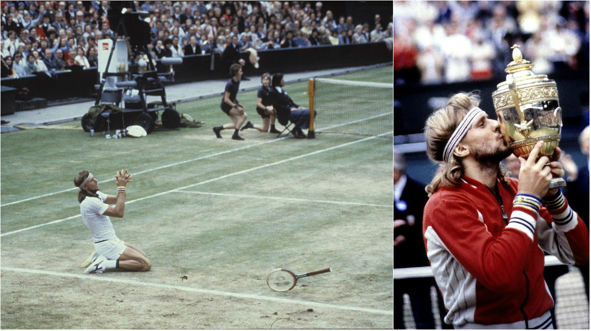 Björn Borg under en av sina segrar i Wimbledon samt pussandes på Wibledon-bucklan. Björn Borg under en av sina segrar i Wimbledon samt pussandes på Wibledon-bucklan.